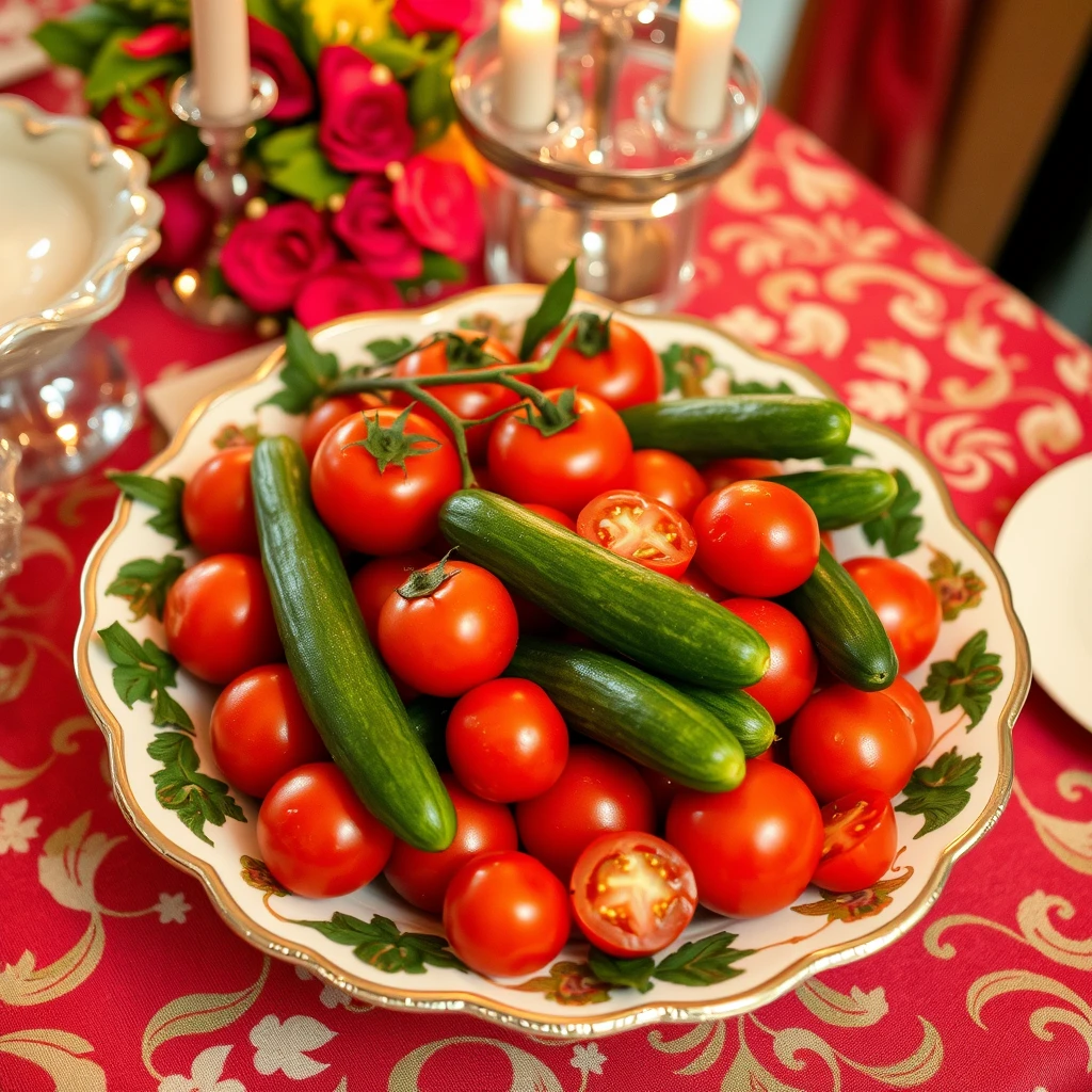 "Draw ripe red tomatoes and green cucumbers in a beautiful dish on a festive table."