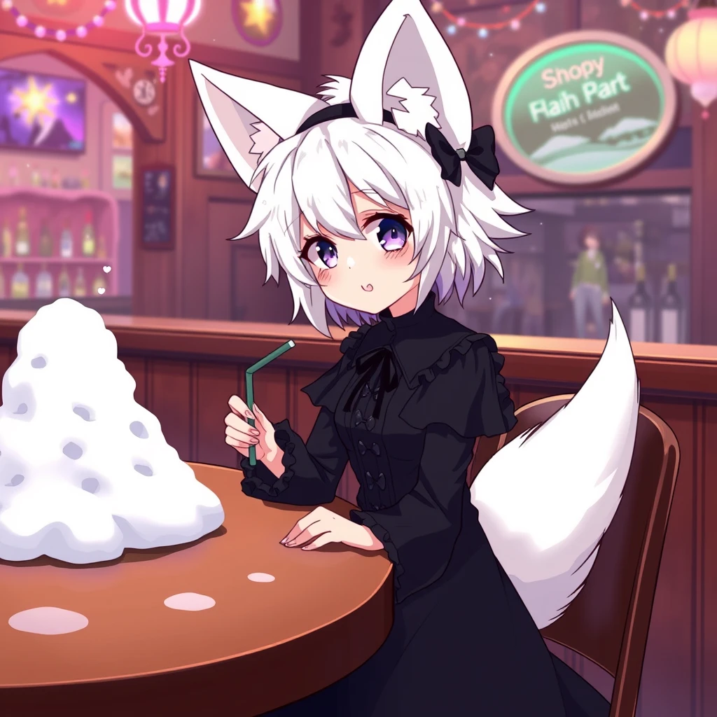 A cute anime girl with fluffy fennec ears and a fluffy tail, white messy short hair, and purple eyes is wearing a goth outfit with a long black dress. She is sitting at a table in a bar, where there is a small mountain of snow on the table. The girl looks at the snow with a greedy smile and holds a straw without a kink in her right hand.