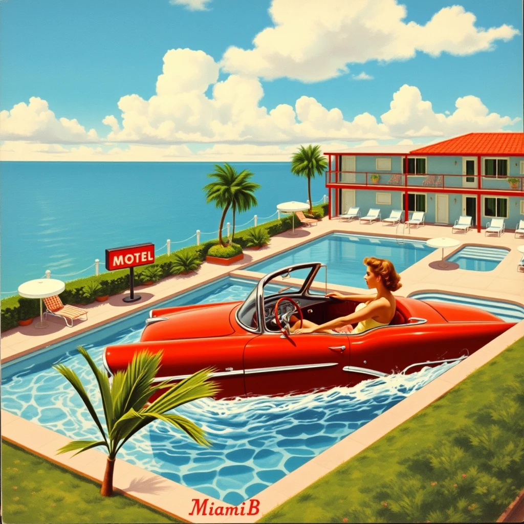 A Miami Beach postcard featuring a woman driving a car into a motel swimming pool, from 1956, as painted by Arthur Sarnoff, wide, landscape view. - Image