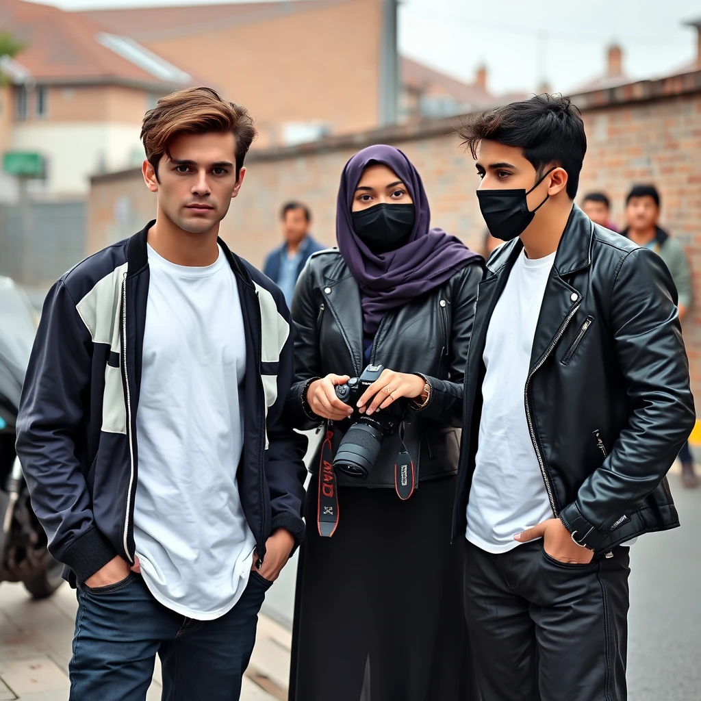 Jamie Dornan and Freddie Prinze, head and body shot, handsome, young, serious face, dark brown hair, white T-shirt, collage jacket, skinny jeans, sneakers, standing, discussing with two guys and a short purple hijab Muslim girl, beautiful eyes, black face mask, black leather jacket, longest black leather skirt, holding a DSLR Canon camera, near a town road, superbike, hyper-realistic, street photography, brick wall, full body photo, five other random smiling friends at the back.