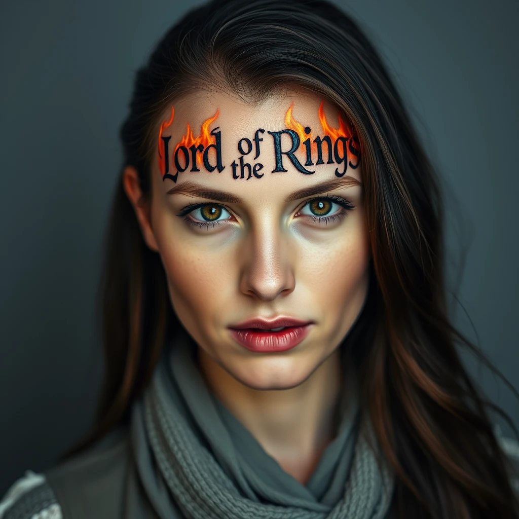 Professional headshot of a woman, the words "Lord of the Rings" tattooed on her forehead in runes with fire.