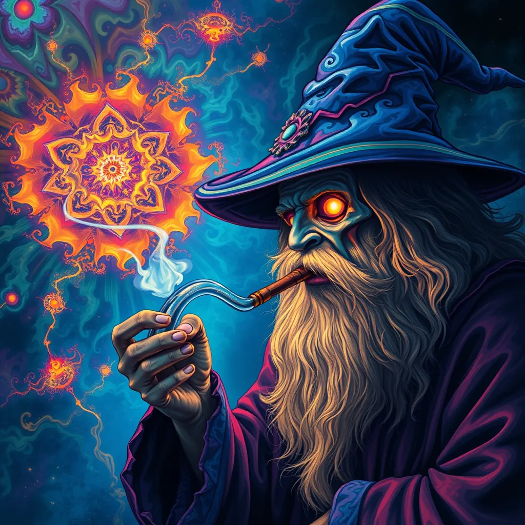 Dark wizard smoking DMT from a pipe and breaking through to another dimension full of multicolored fractals.