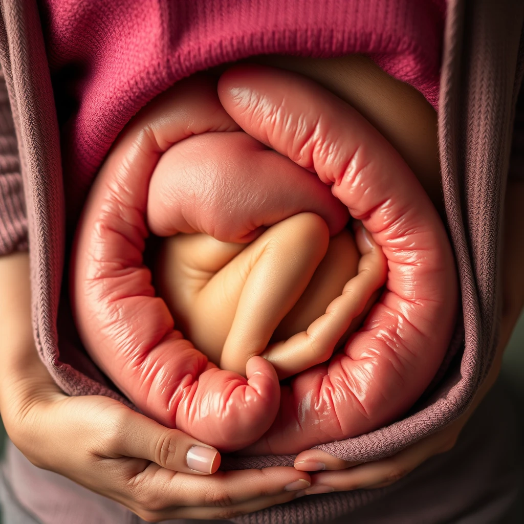 A woman curled up inside a stomach.