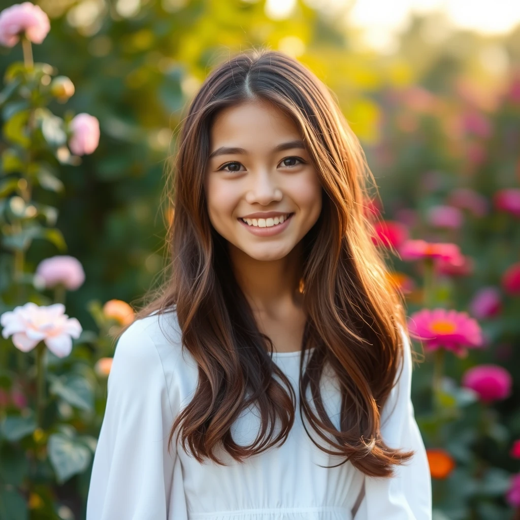 Photography, 1 girl, 18 years old, fashion, white dress, smile, in garden, flower.