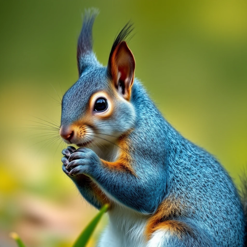 Photo of a blue squirrel. Photorealistic.