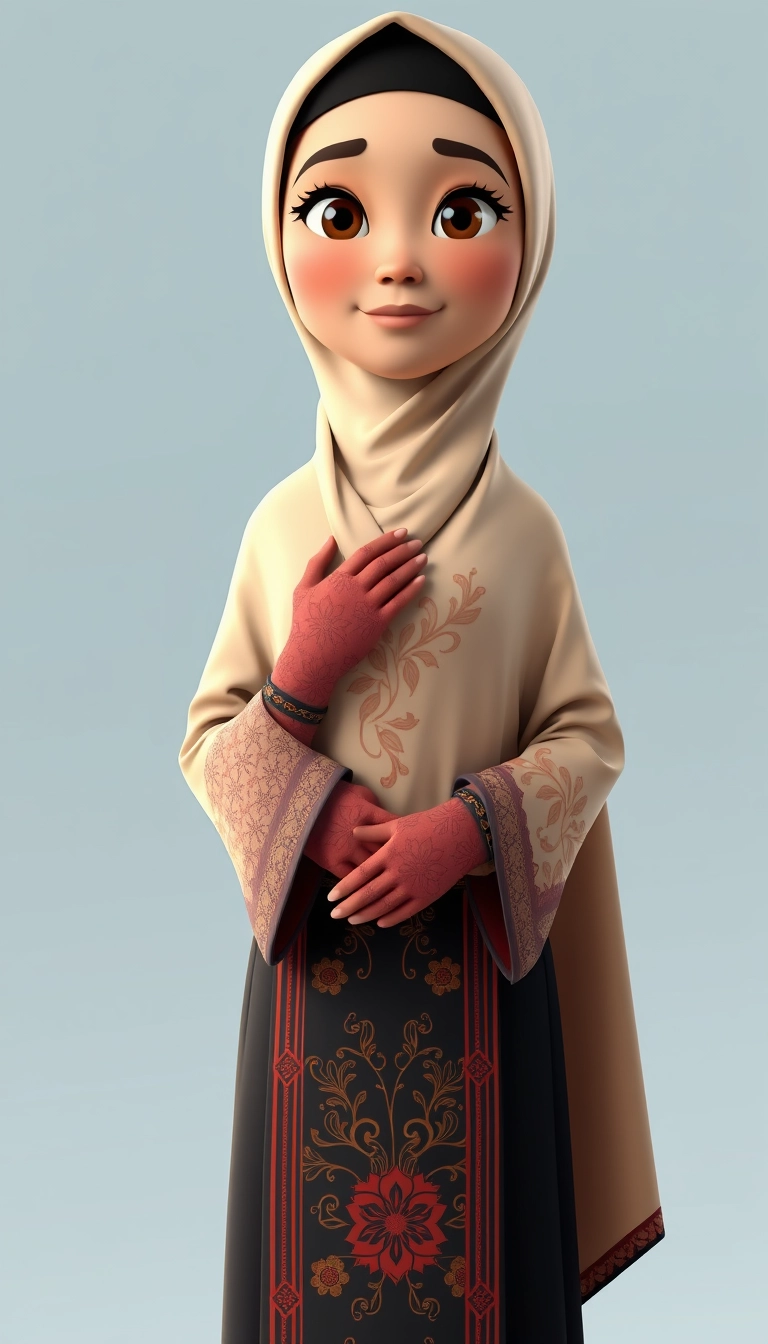 A 3D, 8k animated cartoon depiction of a Muslim woman from Palembang, wearing a traditional long songket and a long gown (gamis). She is adorned with a hijab that covers her chest and wears batik gloves covering her hands.