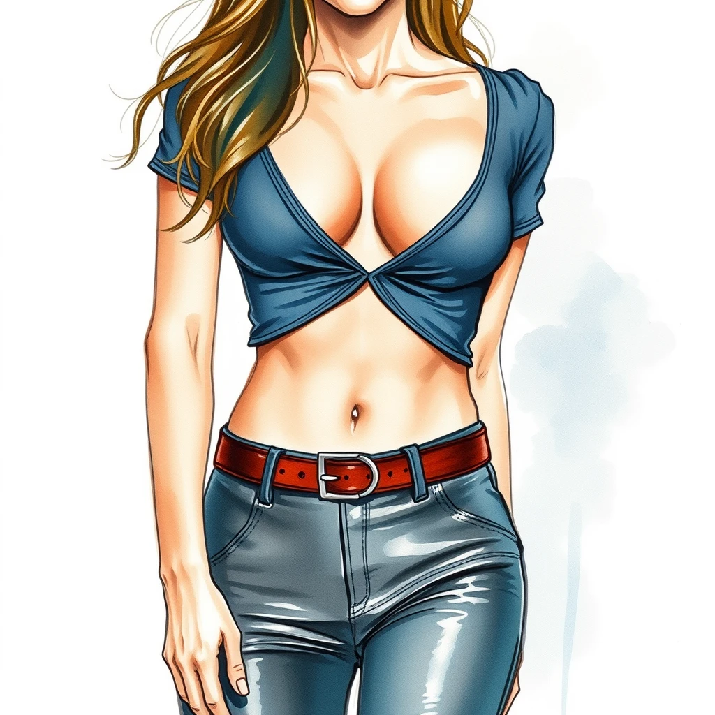 an anthro female, low cut, top, leather pants, tight clothing, watercolor - Image