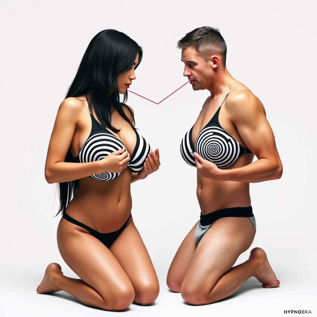 A striking advertisement poster for the HypnoBra featuring a direct face-to-face interaction between a Japanese model and a Caucasian man. The poster shows the Japanese model with long black hair, wearing the HypnoBra bikini, which has hypnotic black and white spirals on each large, prominently-sized breast. She is posed with her hands cupping her large assets to emphasize the spiral design. Directly in front of her, a Caucasian man is kneeling and facing her, completely hypnotized by the design. His eyes are wide and clearly fixed on the bra, with visual cues such as Morse-like lines or arrows pointing from his eyes to the bra to emphasize his intense focus. He is drooling slightly, showing his deep fascination. The background is a simple, neutral color to keep the focus on their interaction, with no text on the poster.