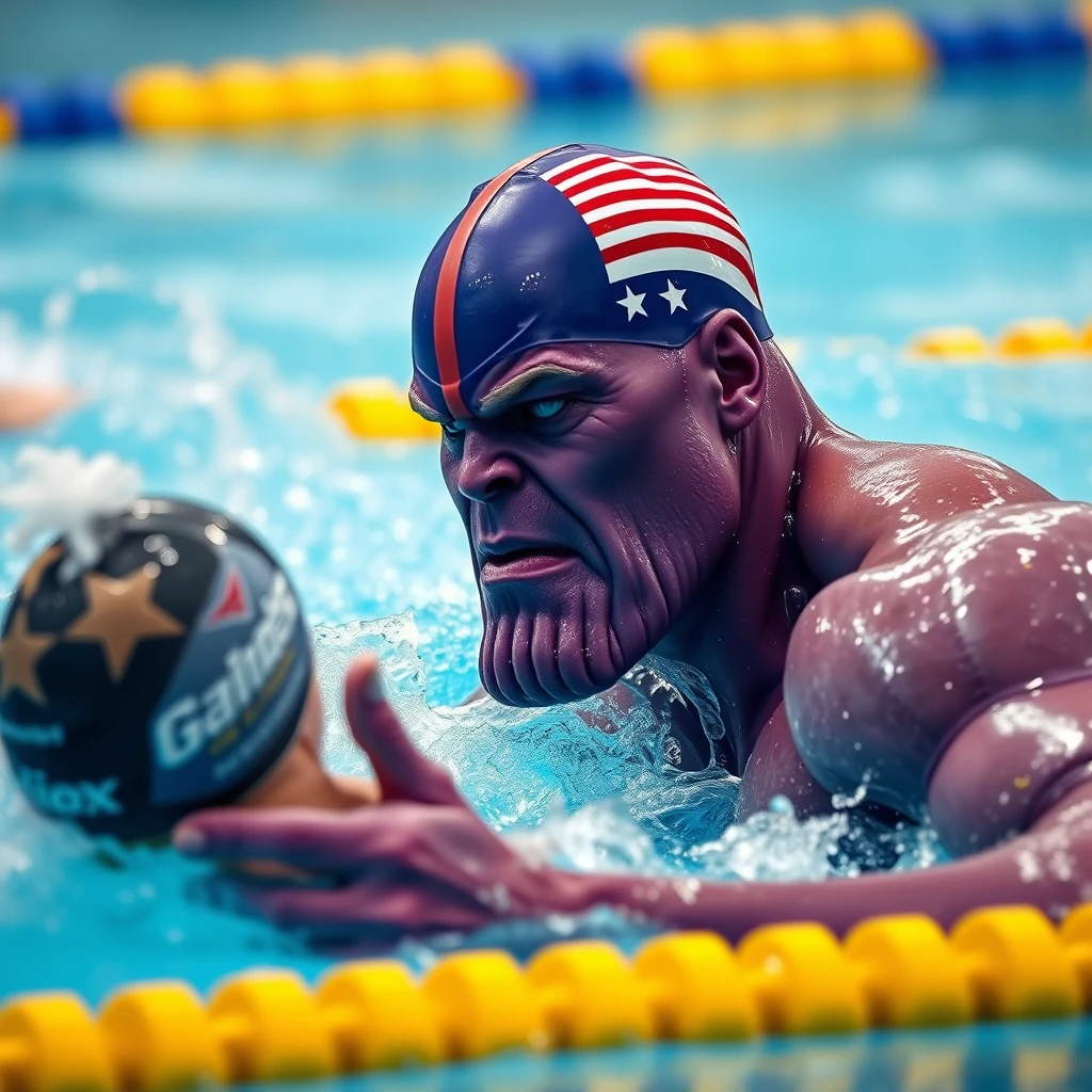 "Only the head is purple, Thanos is competing with others in swimming, wearing a swim cap with the American flag, realistic style, swimming action."