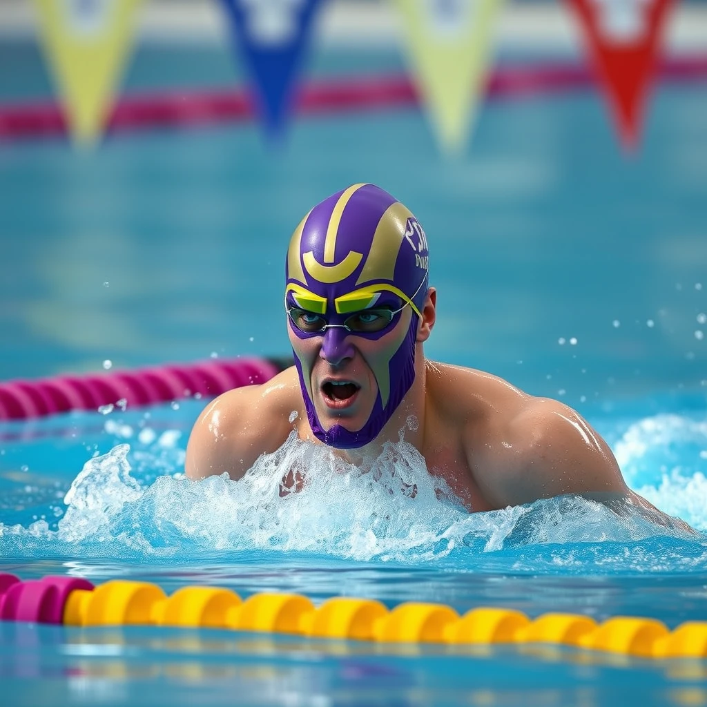 "Thanos with a purple face participates in the Olympic swimming competition." - Image