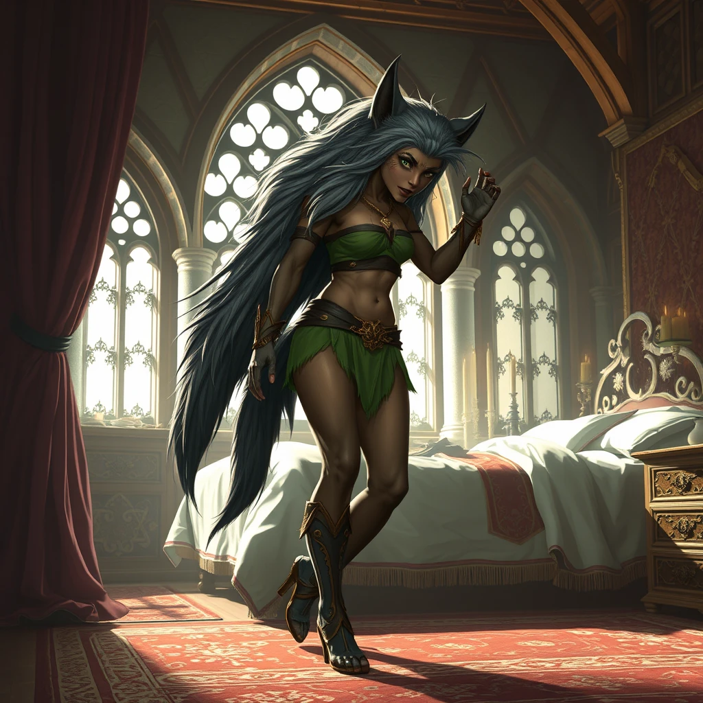 Location in a bedroom in a castle. Full body shot of a female elf turning into a werewolf.