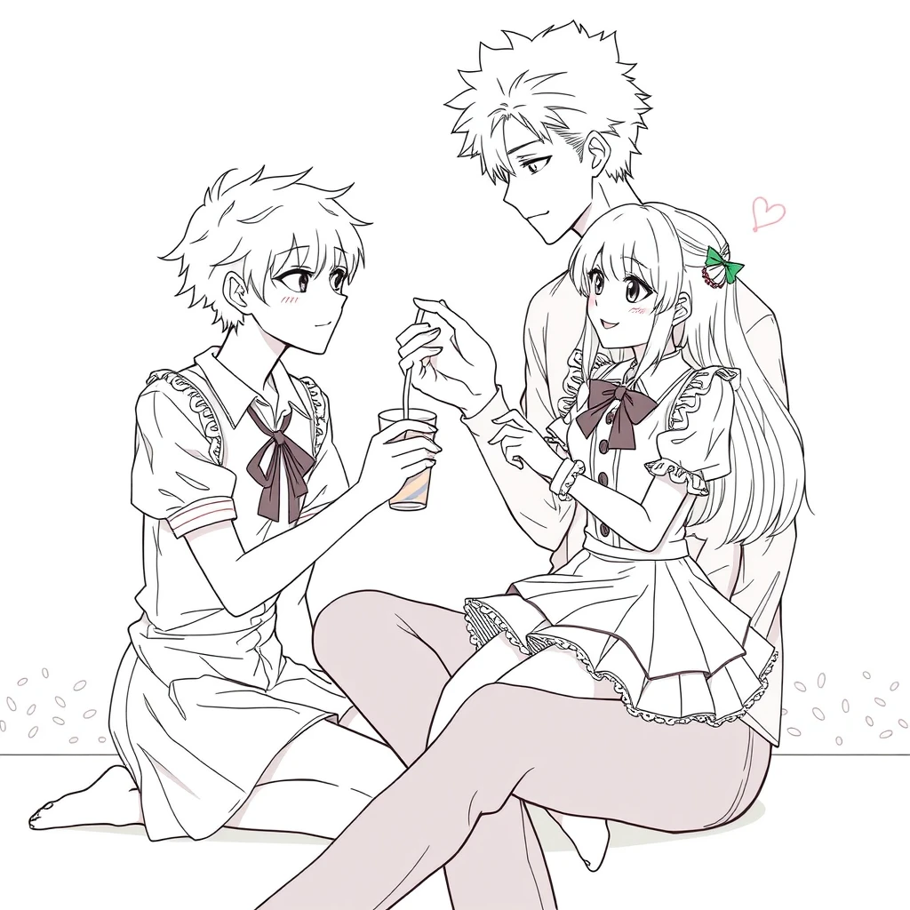 The boy was sitting and gently feeding his girlfriend a cup of ice cream, and the girl, who was wearing a lolita outfit, looked happy. The boy is tall and handsome. Anime line art. - Image