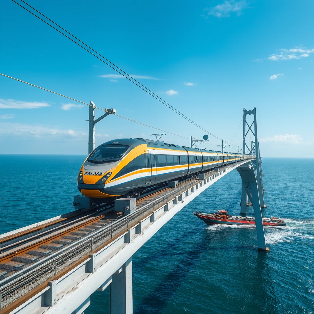 A high-speed train passes over the sea on a cross-sea bridge. - Image