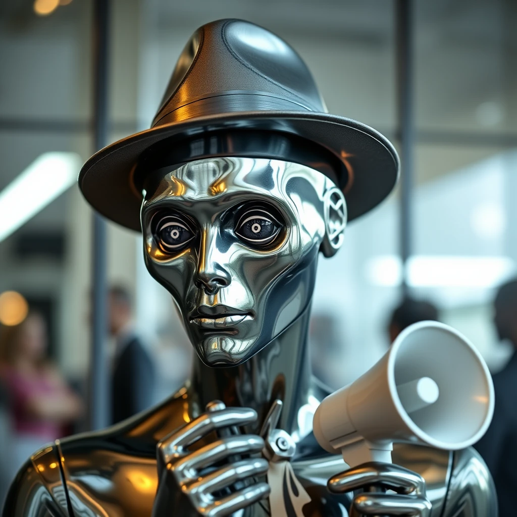 A scary reflective mannequin with an oil slick color, featuring a smooth bulbous head and no facial features, is wearing a fedora and holding a fake megaphone.