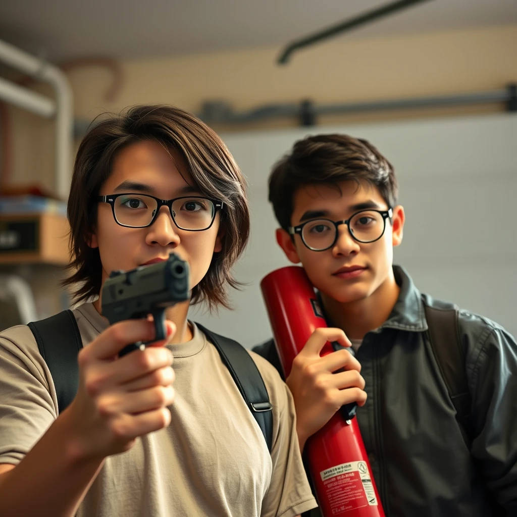 ("masculine 21-year-old white Chinese man with square glasses, medium-to-long length hair holding a pistol") and ("20-year-old young white European Italian man with round prescription glasses and short hair holding a large fire extinguisher"), garage setting.