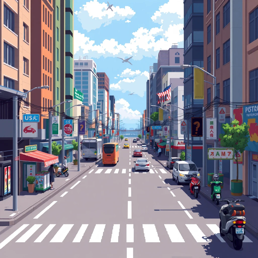 Urban streets, commercial streets, roads, vehicles, pixel art. - Image