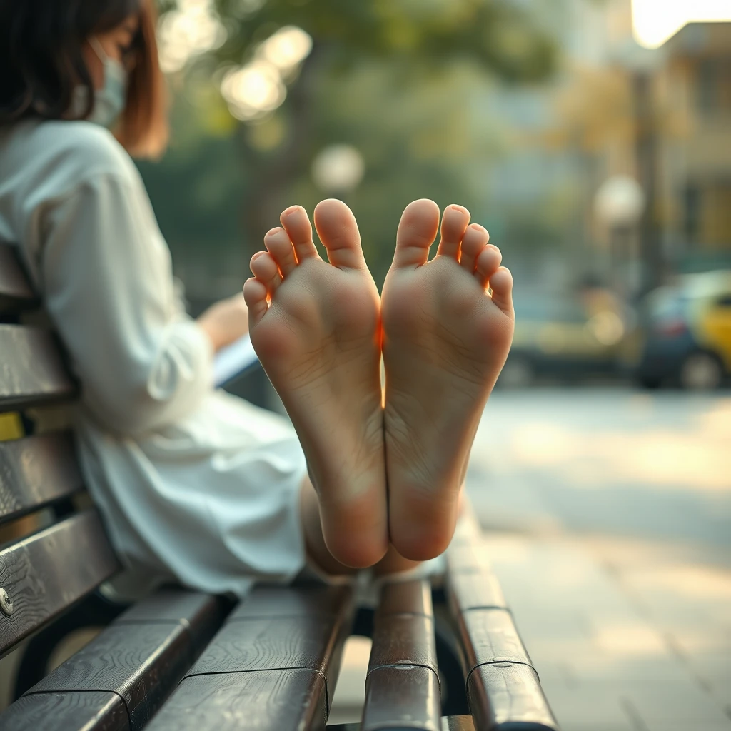 A cinematic image of a Japanese woman casually displaying the soles of her feet, seated on a park bench. The scene captures her in a relaxed pose, perhaps during a leisurely afternoon in a tranquil urban park. The focus is on her bare feet, crossed elegantly as she enjoys a book or the peaceful surroundings. The background is softly blurred, emphasizing her and the detail of her feet. The lighting is warm and natural, highlighting the simplicity and quiet mood of the moment. - Image