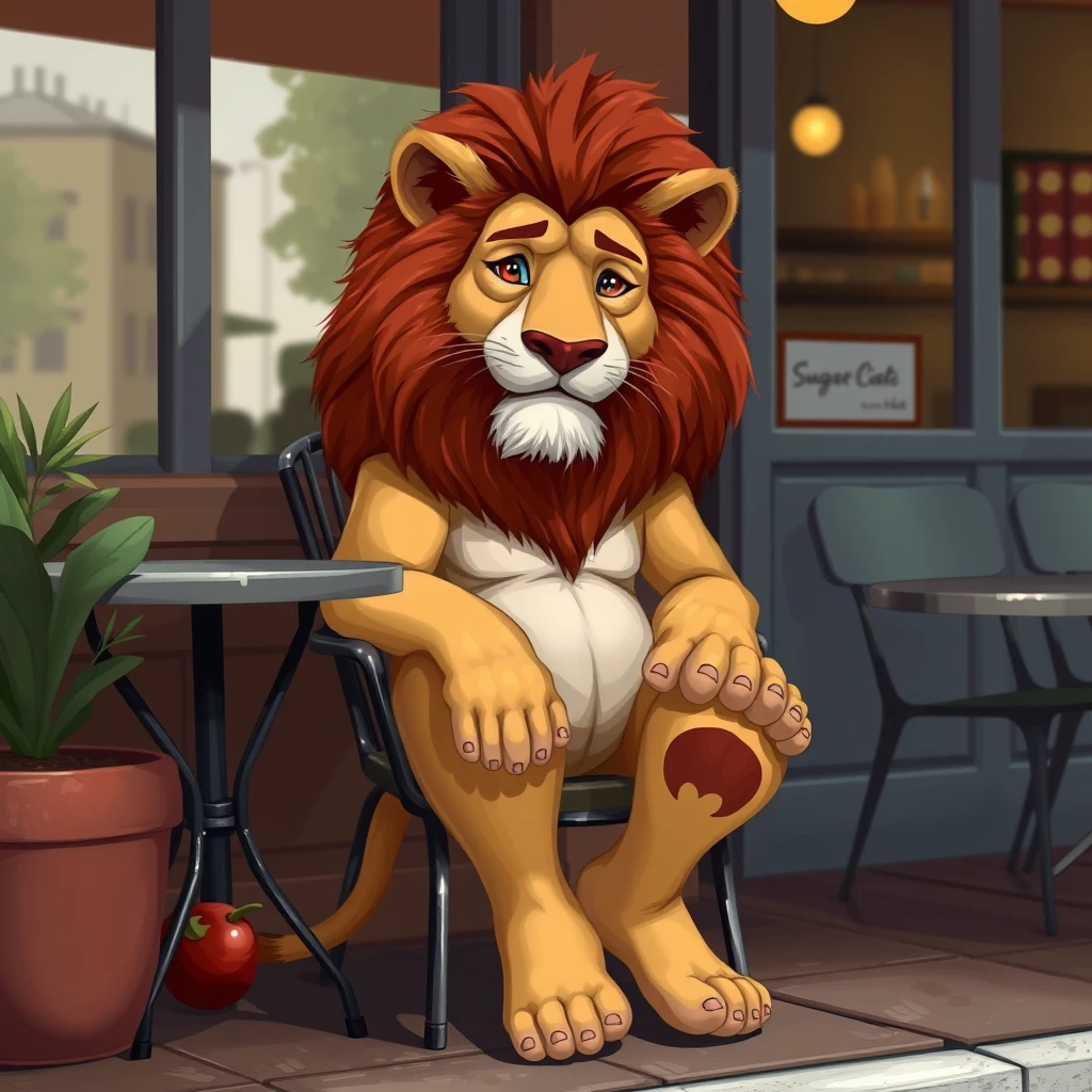 Digital art, an anthropomorphic lion sitting on a chair outside a cafe, barefoot and showing off his feet. - Image