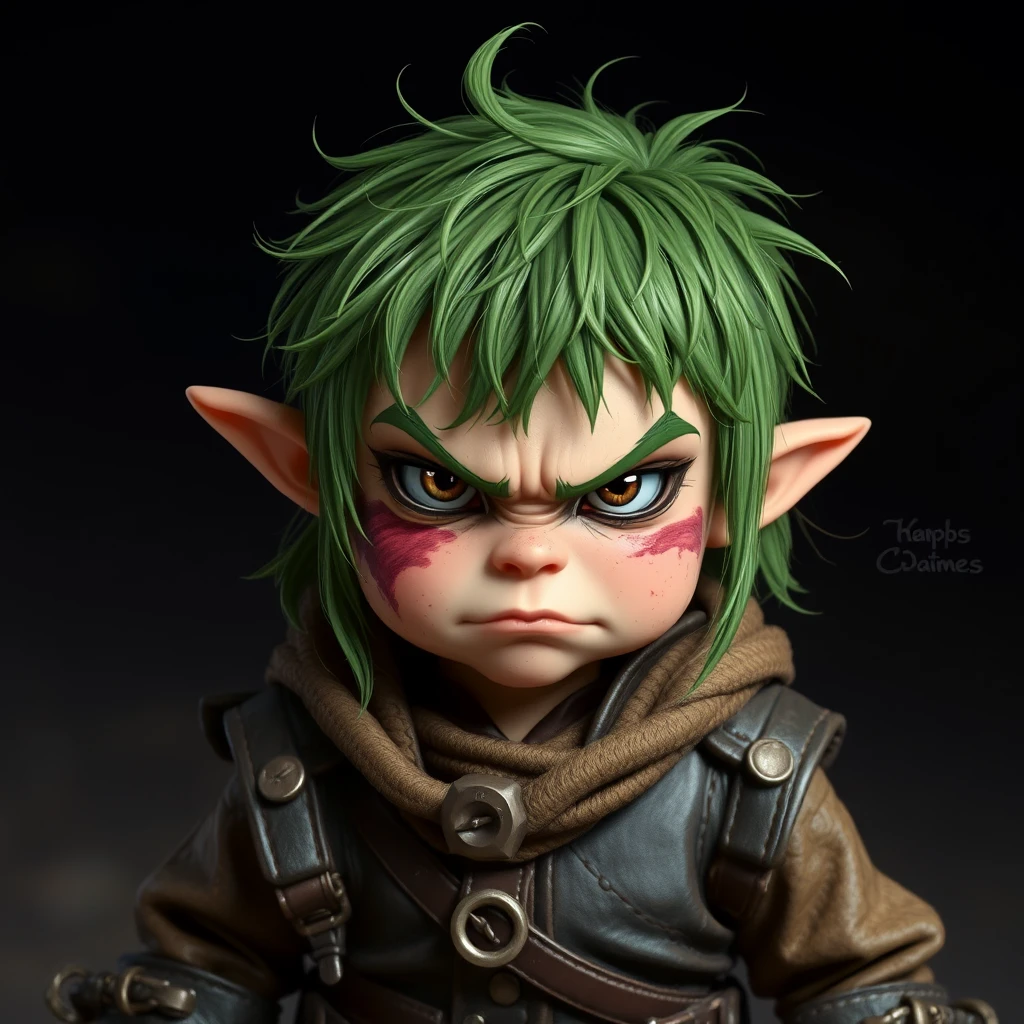 A small green-haired dirty halfling in a leather adventurer's outfit with a bruise on one cheek and a rough and untrustworthy demeanor, angry. - Image