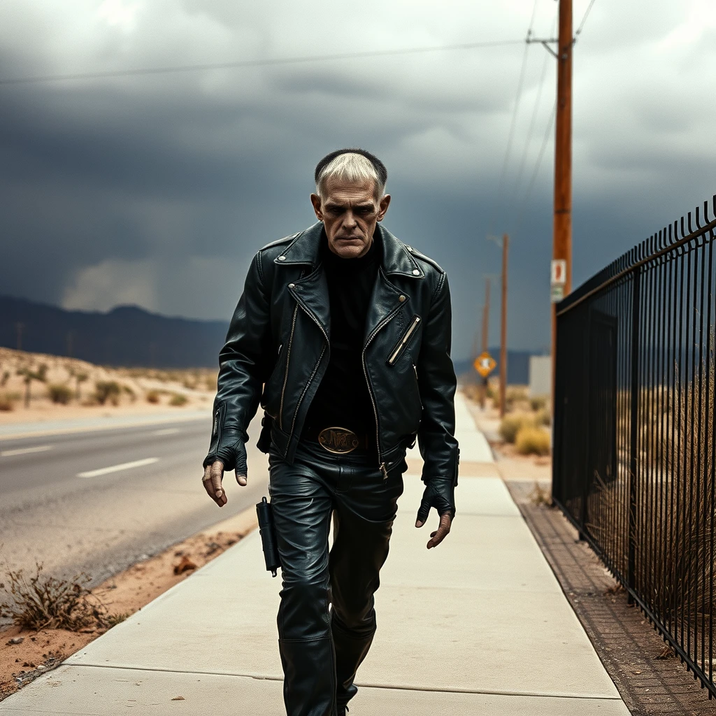 Boris Karloff as Frankenstein the Hells Angels biker, walks down the sidewalk, dressed in leather, a storm is coming across the desert, photo-realistic, aggressive, 4k.