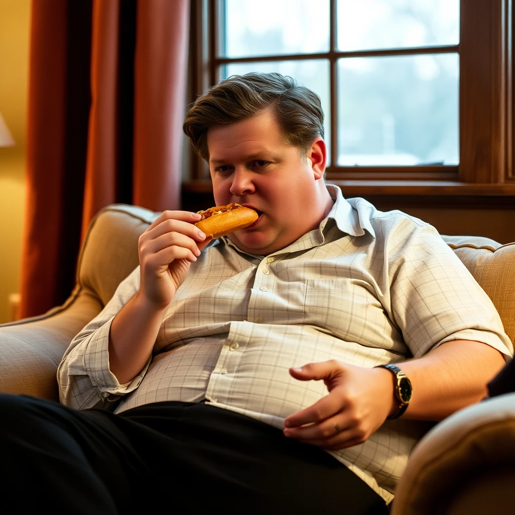 JD Vance eating a hotdog while sitting on a couch.