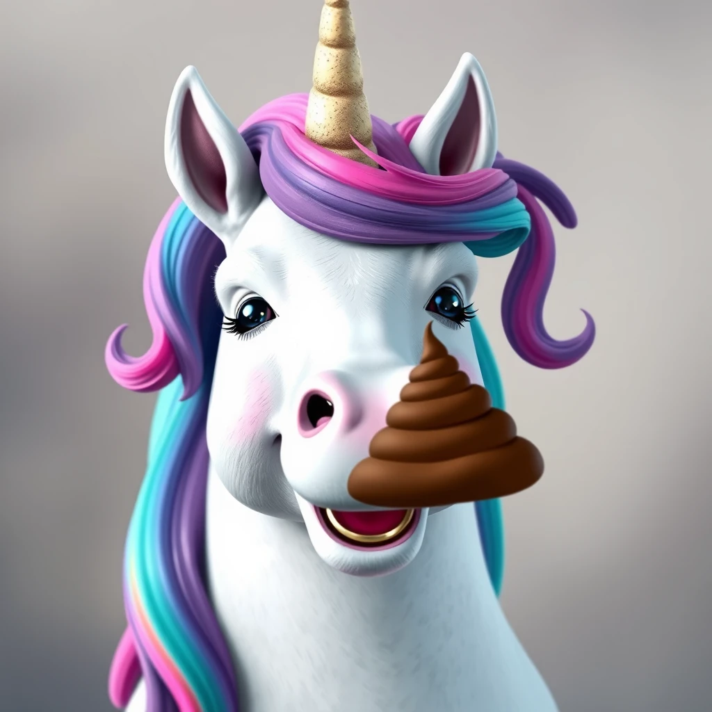 happy unicorn with a poop instead of a horn, smiling, goofy, photorealistic