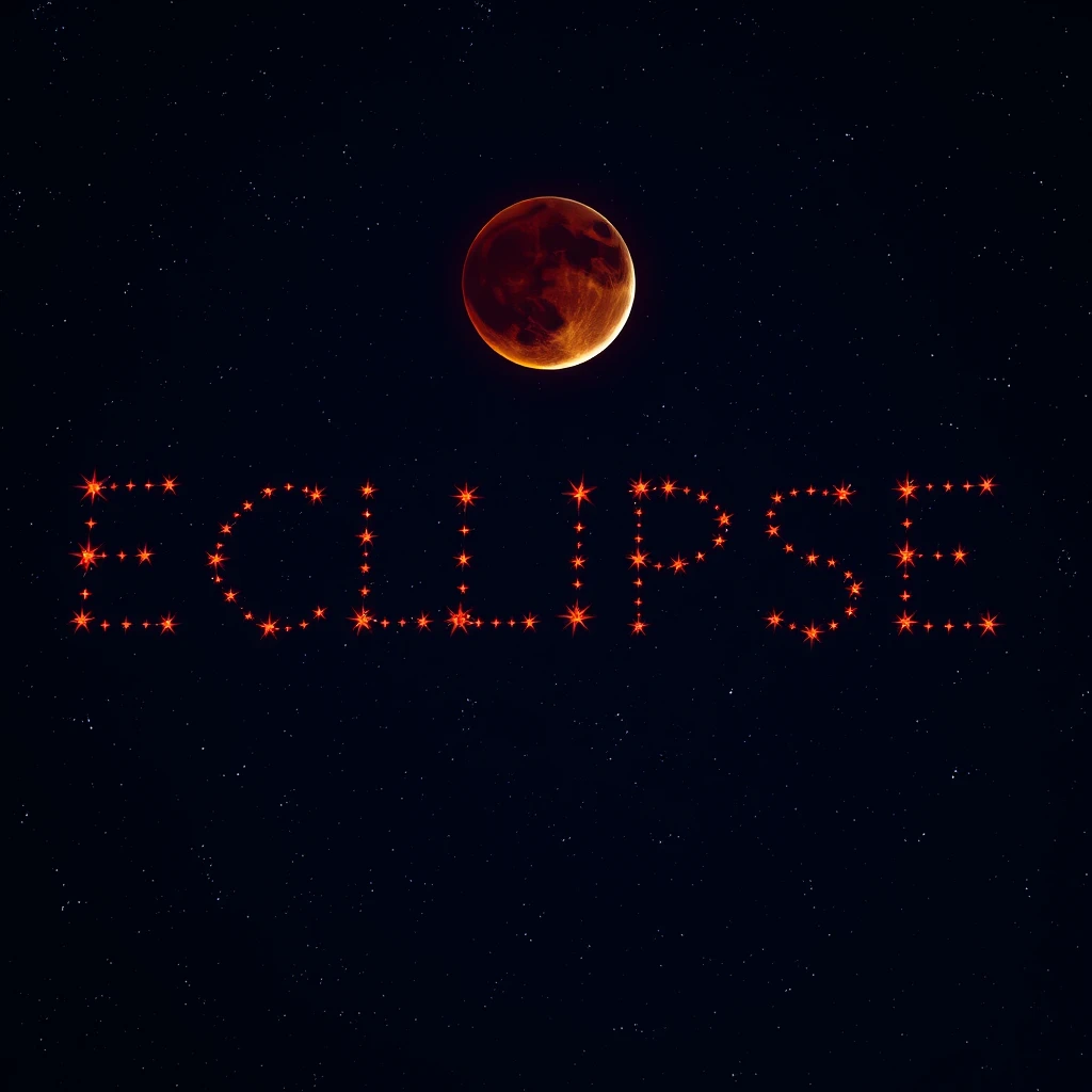 Subject: A night sky during a lunar eclipse with the stars forming the word "ECLIPSE".  
Stars: The stars are arranged to clearly spell out the word "ECLIPSE" in a stylized font. The stars themselves should have a slight reddish hue due to the eclipse.  
Moon: The moon is partially obscured by the Earth's shadow, creating the characteristic reddish glow of a lunar eclipse.  
Background: The rest of the night sky is a deep, dark blue, studded with countless twinkling stars.  
Style: Realistic, with a focus on the astronomical accuracy of the eclipse and the star formation. - Image