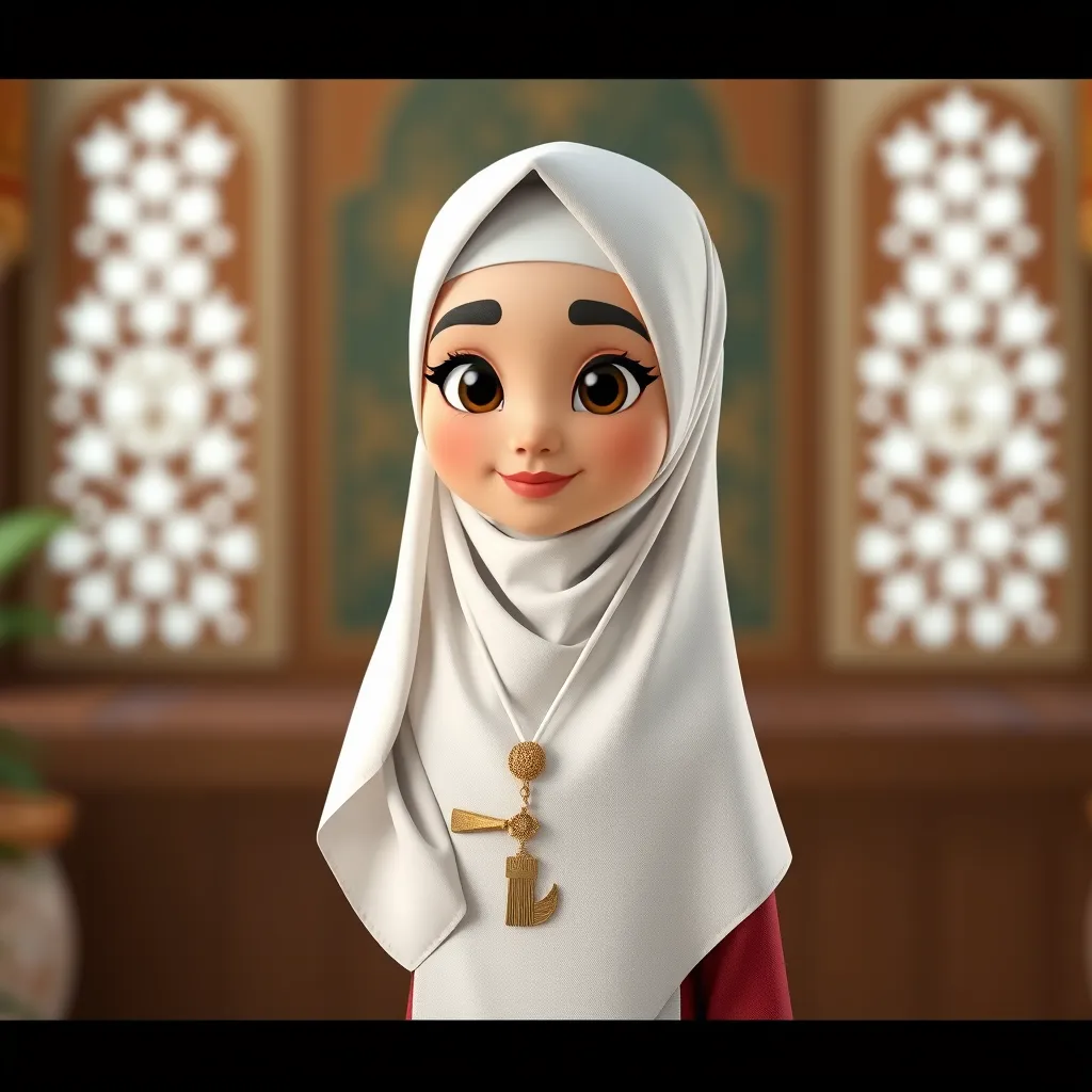 "Create a 3D animated cartoon of a Muslim woman from Palembang wearing a long white gamis. The character should be highly detailed with 8K resolution. Focus on traditional Palembang features and cultural elements." - Image