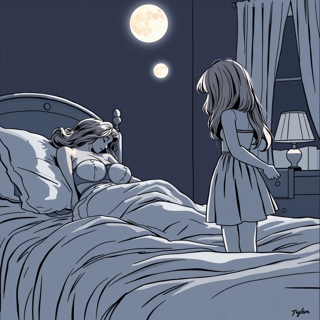 Side view of the bed where a woman with a big butt in lingerie is sleeping, while her daughter stands nearby opening a drawer. It's a dark night, illuminated by moonlight, creating an atmospheric scene in comic line art, with a close-up of the side view of the girl.