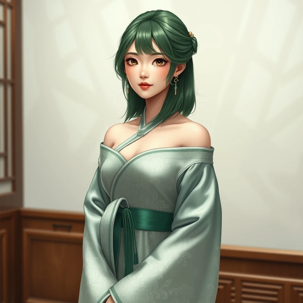 1 girl, female only, solo, (full body: 1.05) 
(curvy body, slim, slender body, petite body: 1.2), detailed face, 
(seductive face, seductive eyes: 1.15) 
medium hair, flipped hair, 
green hair, 
hair ornament, earrings, 
East Asian, oriental, 
silver and green hanfu embroidered with exquisite patterns, sash, bare shoulders, off shoulder, wide sleeves, 
(ultra exquisite white high heels embroidered with intricate pattern: 1.25), indoors. - Image