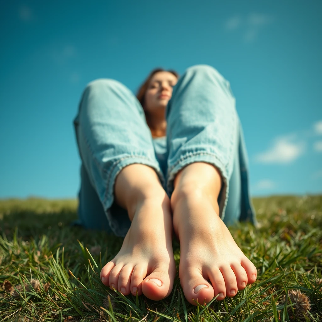 Big bare feet of plus-sized woman sitting on grass.