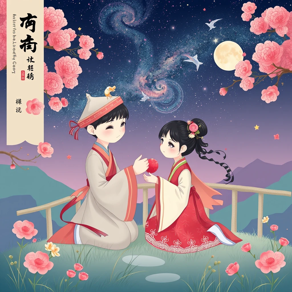 Love (amour) + Characters (Cowherd and Weaver Girl, wearing traditional Chinese clothing) + Scene Elements (Magpie Bridge, Milky Way, stars) + Background (deep night sky) + Colors (soft pinks, purples, blues) + Chinese Style