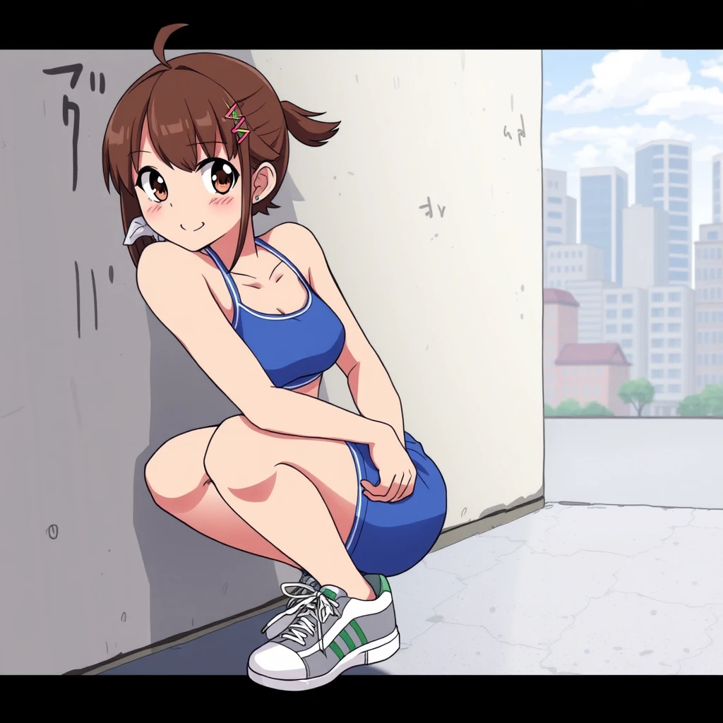 source_anime, 1girl, solo, ueaya, brown hair, hair bun, tan, hairclip, blue sports bra, blue shorts, sneakers, squatting, looking at you, happy, city, wall, anime style