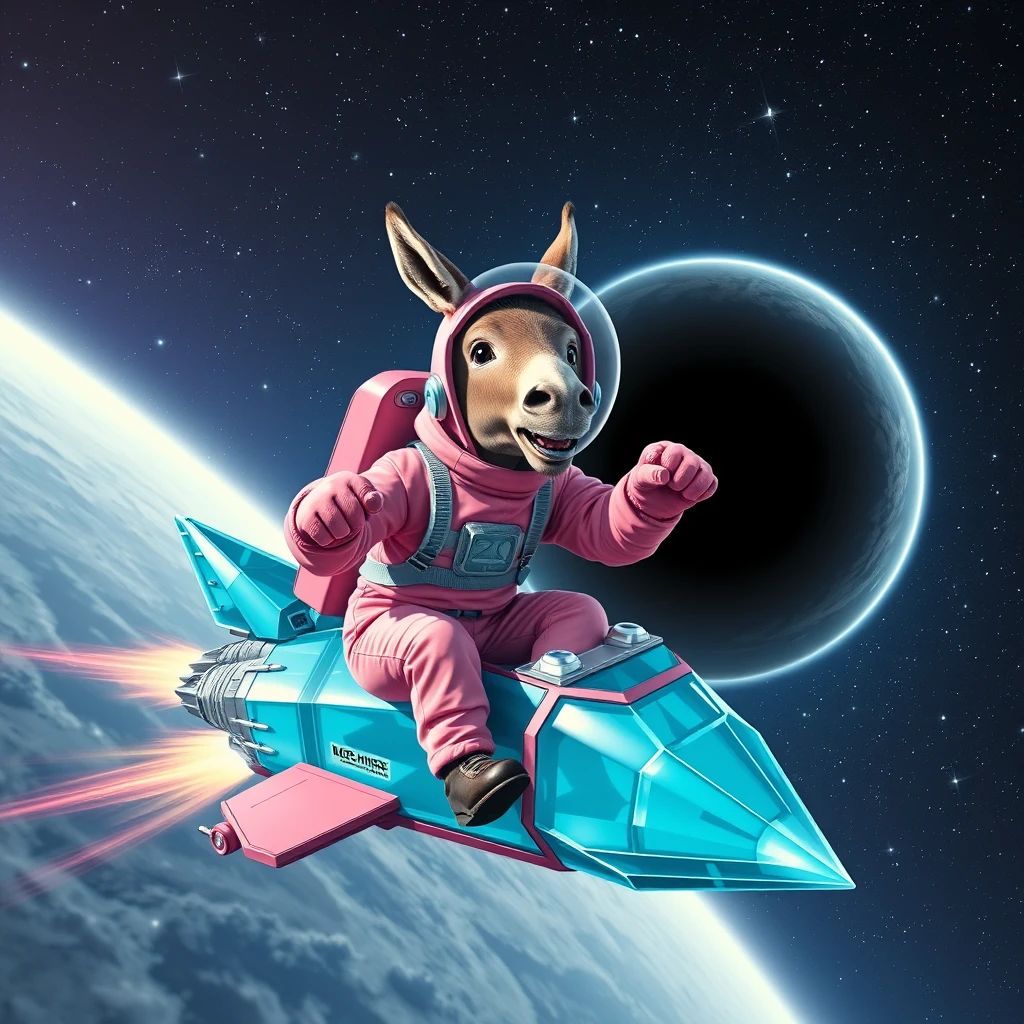 An ambitious donkey wearing pink astronaut costume, riding on a crystal stunning cyan spaceship, making a punching gesture, flying to the outerspace under a clear night sky with lots of shining stars, passing by a huge black-hole. Realistic style.