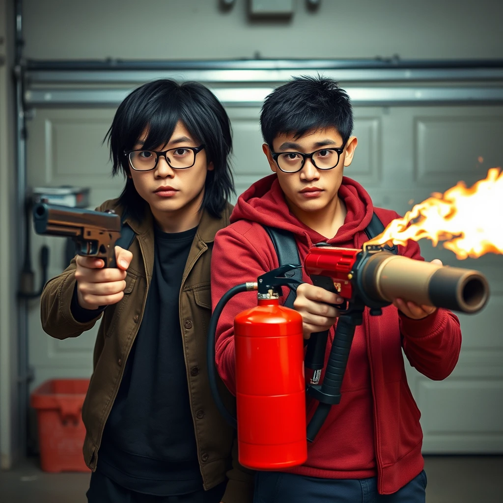 2 person setting, "21 year old northern Chinese thin long faced man wearing square glasses, mid/long black mullet hair, holding pistol" and "21 year old young white Italian man wearing round glasses, short hair, holding very large fire extinguisher flamethrower", garage setting, both angry.