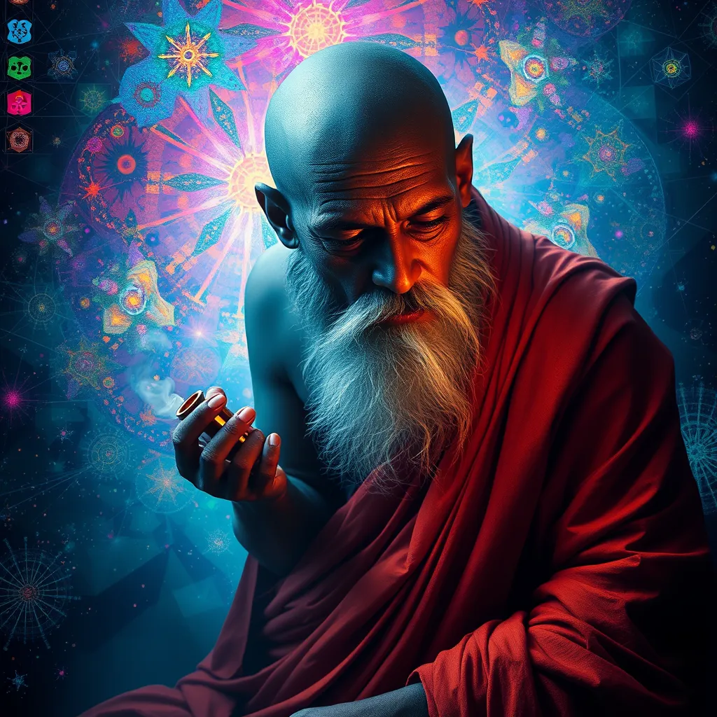 Dark monk smoking DMT from a pipe and breaking through to another dimension full of multicolored fractals. - Image