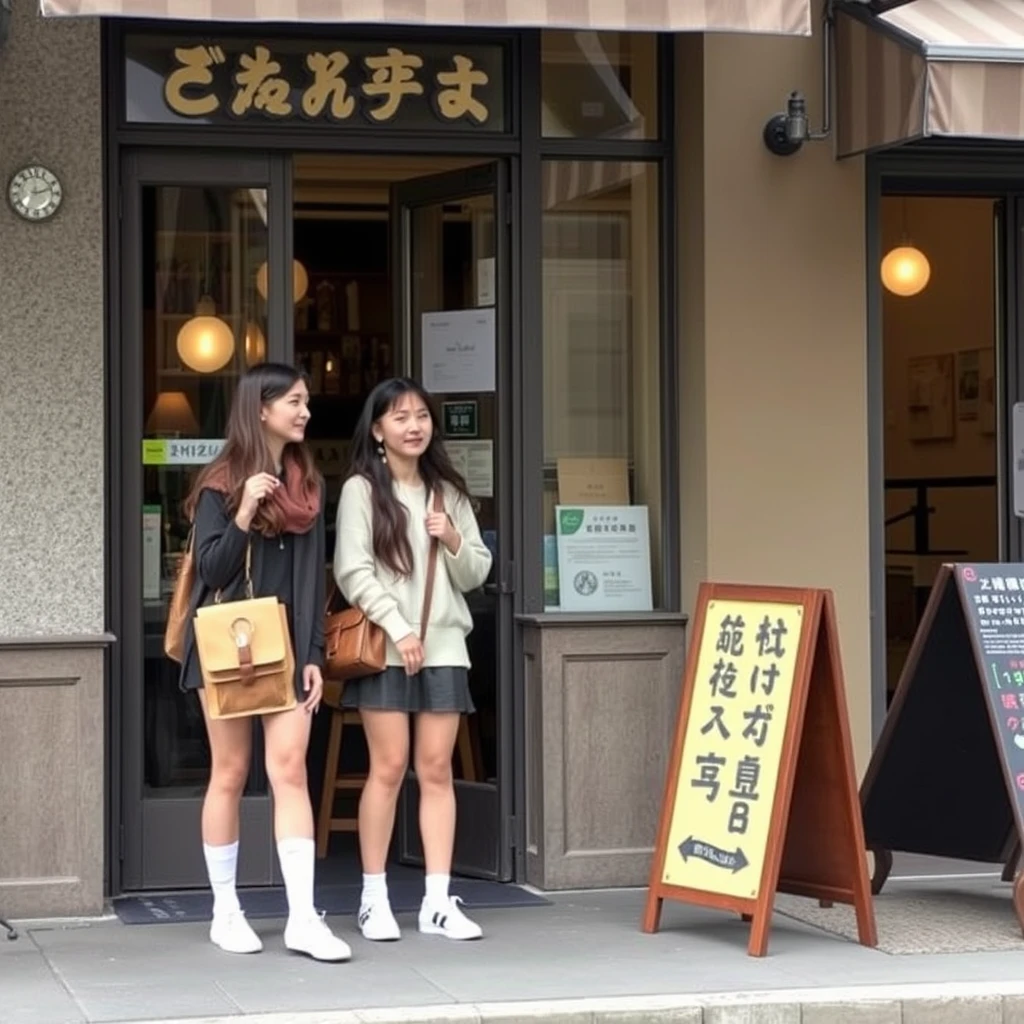 Two young women are chatting outside a cafe, their facial features are distinct, and their socks are visible. There is a sign outside the restaurant, and the words on the sign are clear, with Chinese characters or Japanese also acceptable.