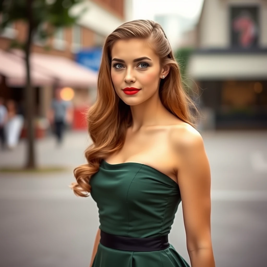 Young woman with long hair in 50s style strapless dress.