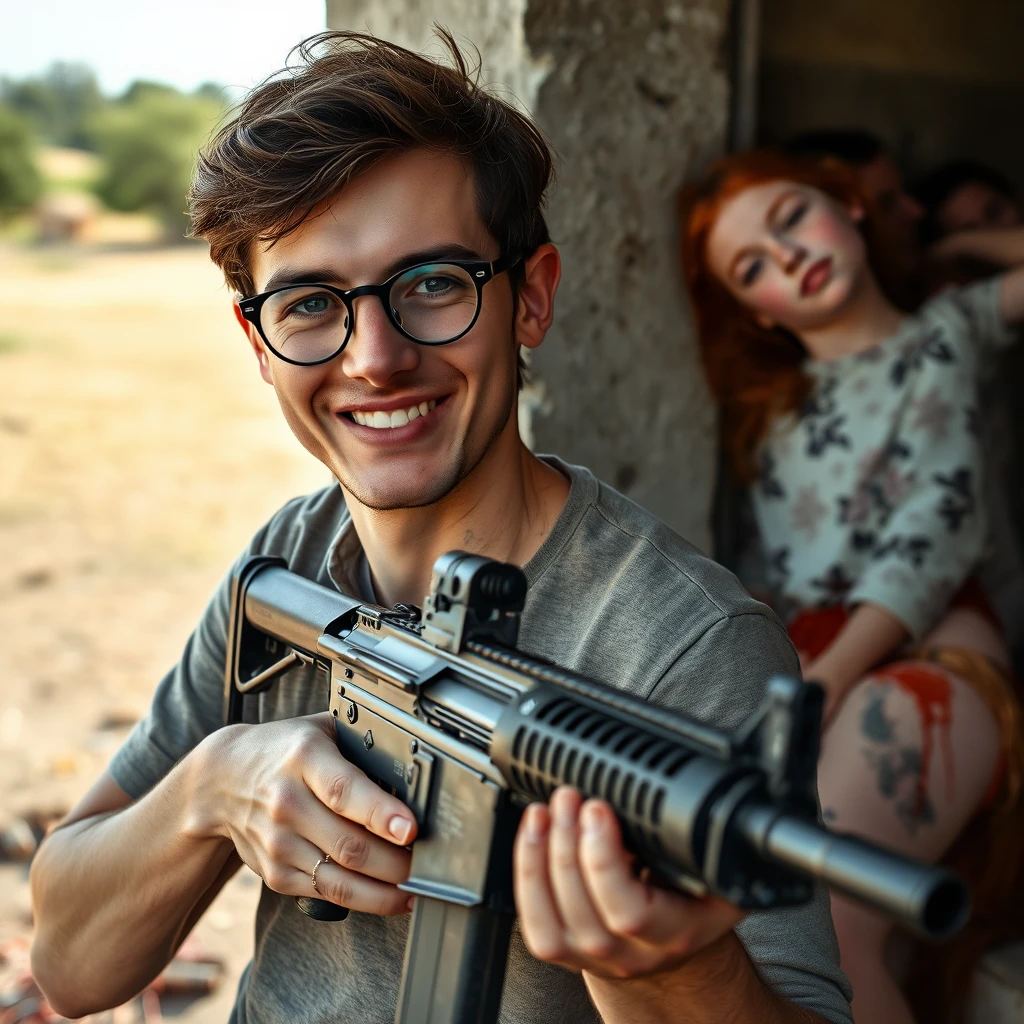 Smiling 20-year-old Italian man with round glasses, reloading an assault rifle while looking at the camera; young thin redhead girl slumped against a wall in the background, full of bullet holes and bleeding, in a rural setting.