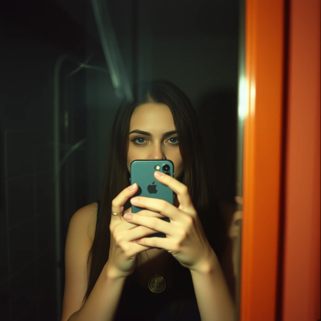 Phone photo: A woman vampire stands in front of a mirror capturing a selfie. The image quality is grainy, with a slight blur softening the details. The lighting is dim, casting shadows that obscure her features. Her expression is casual while the old iPhone struggles to focus, giving the photo an authentic, unpolished feel. The mirror shows smudges and fingerprints, adding to the raw, everyday atmosphere of the scene. - Image