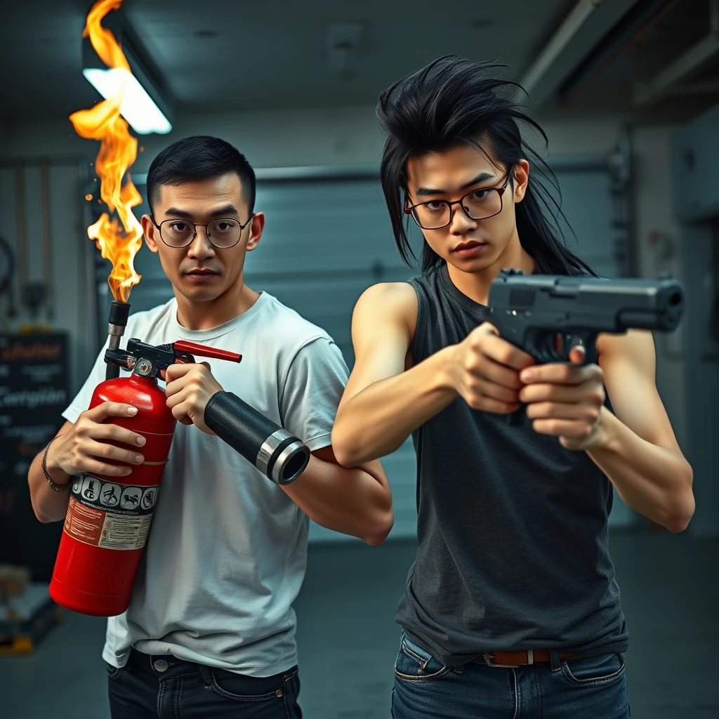 21-year-old European white Italian man with round prescription glasses and short hair holding a very large fire extinguisher flamethrower, and 21-year-old Northern Chinese man with long black hair mullet, square glasses, holding a pistol; both angry; murderous intent; garage setting; both thin. - Image