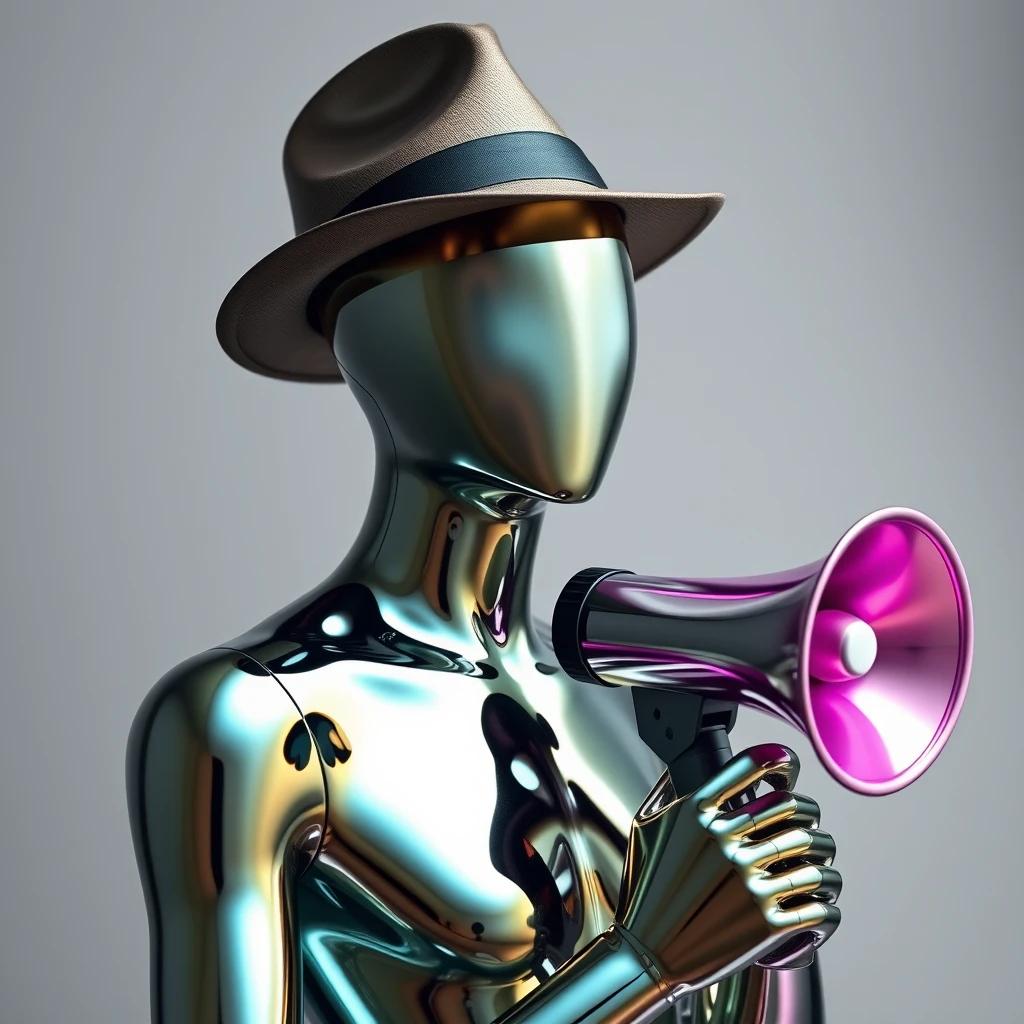 A mystical reflective chrome-skinned mannequin with an oil slick color and a smooth bulbous head carrying no facial features, wearing a fedora and holding a fake megaphone.