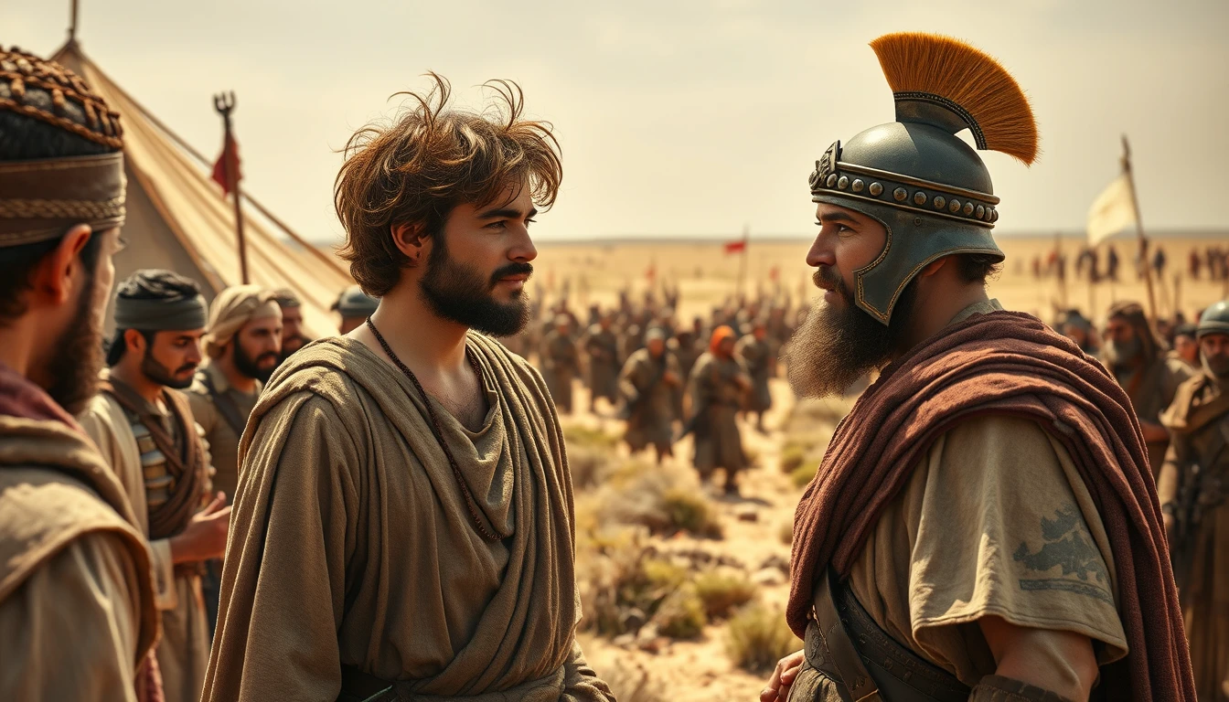 A young man, with messy hair and a short beard, is arguing with a middle-aged Mesopotamian king. The young man is dressed in biblical-era shepherd's attire. He gestures with his hand in a questioning manner. The middle-aged king is dressed as a Mesopotamian soldier. Both men are surrounded by a diverse group of men in ancient Sumerian soldier armor. In the background are Arabic army tents pitched on desert shrub land. In the distant horizon stands another army armed and ready to fight. Dramatic lighting. - Image