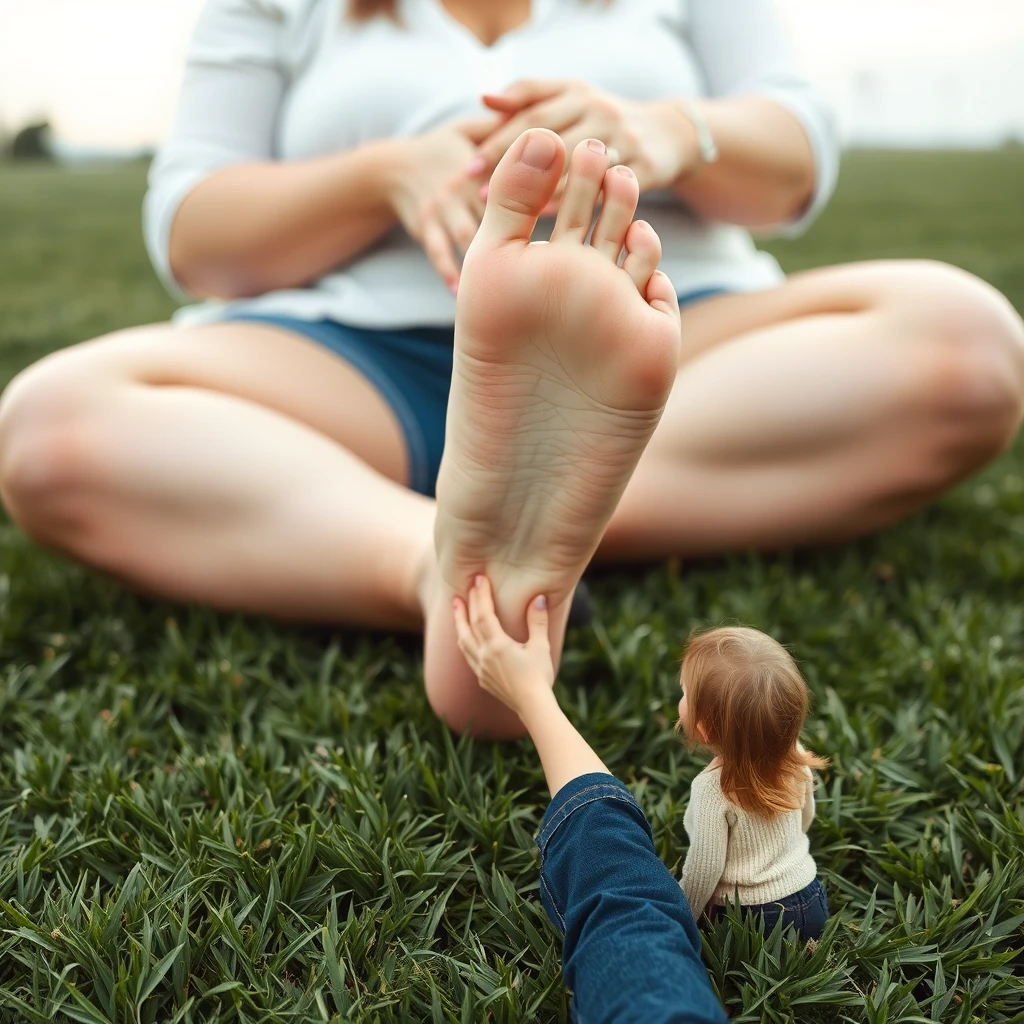 Big bare foot of plus-sized woman sitting on grass, tiny person touching her sole. - Image