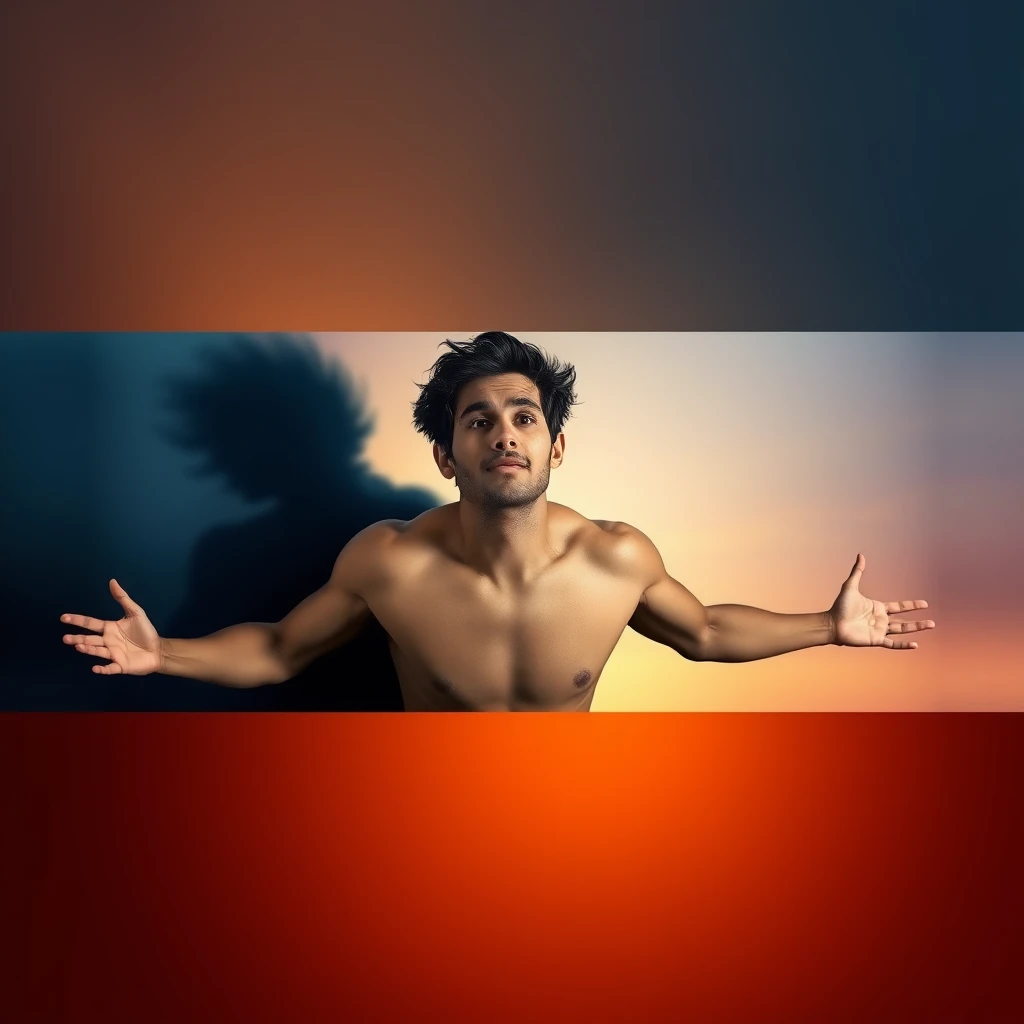 A horizontal YouTube thumbnail featuring a person emerging from a dark, ominous shadow, symbolizing transformation, against a vibrant, gradient background that transitions from deep blues to radiant oranges, evoking a sense of empowerment and positivity. The individual, with a determined facial expression, slightly tilted head, and outstretched arms, exudes energy and confidence, as if embracing the unknown. Their skin tone is a warm, golden brown, and their hair is dark, messy, and slightly windswept. The overall design is dynamic, uplifting, and attention-grabbing, inspiring viewers to click and learn more.