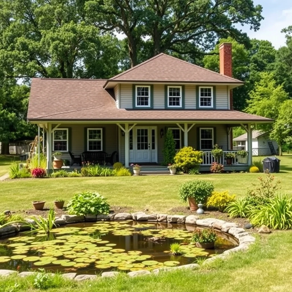 A house in a large garden with a porch and plenty of plants. A pond can be seen in front, and trees behind.