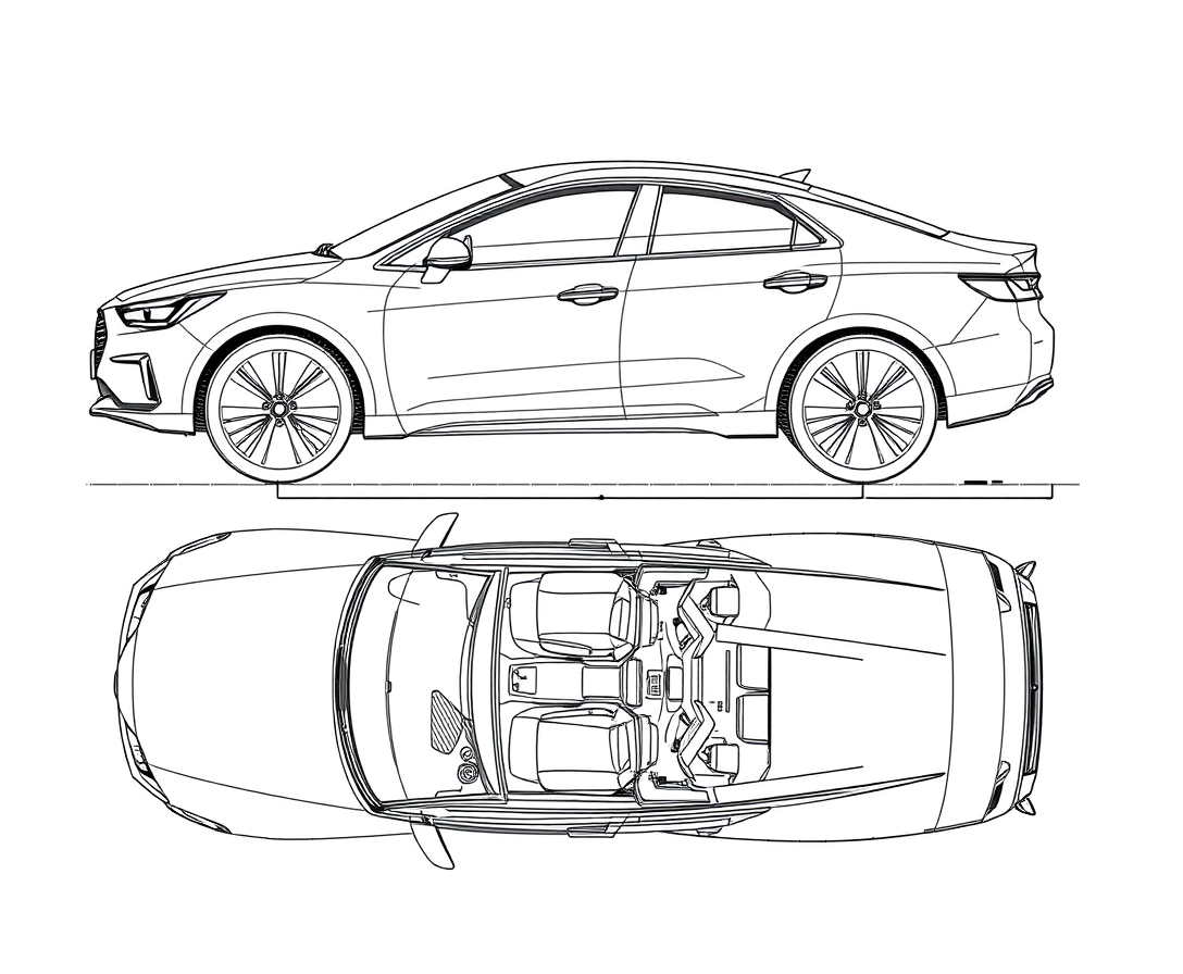 Create a precise and detailed sketch of a car's exterior and interior design, suitable for patent documentation. The sketch should include:

Exterior Design:
Front View:

Include the shape and design of the front grille, headlights, bumper, and hood.
Side View:

Show the car's profile, including the doors, windows, wheel arches, and side mirrors.
Rear View:

Illustrate the design of the rear bumper, taillights, and trunk.
Top View:

Provide a bird’s-eye view of the roof, including the placement of any antennas or roof rails.
Wheel Design:

Detail the wheel rims and tires from different angles if applicable.
Interior Design:
Dashboard:

Show the layout of the dashboard, including locations for the instrument cluster, steering wheel, and control panels.
Center Console:

Illustrate the design and layout of the center console, including areas for the gear shift, climate controls, and storage compartments.
Seating Arrangement:

Depict the configuration and design of the front and rear seats, including headrests and seat adjustments.
Door Panels:

Include the design of the door panels, armrests, and control buttons.
Trunk Area:

Show the layout and design of the trunk space.
Additional Details:
Dimensions and Proportions:

Ensure accurate proportions and dimensions are depicted.
Labels:

Label major components and features clearly.
Consistency:

Maintain consistency in the design across different views.
Objective:
The sketch should be detailed and accurate, providing a clear representation of the car’s design for patent purposes. Ensure all relevant design elements are included and labeled for clarity. - Image