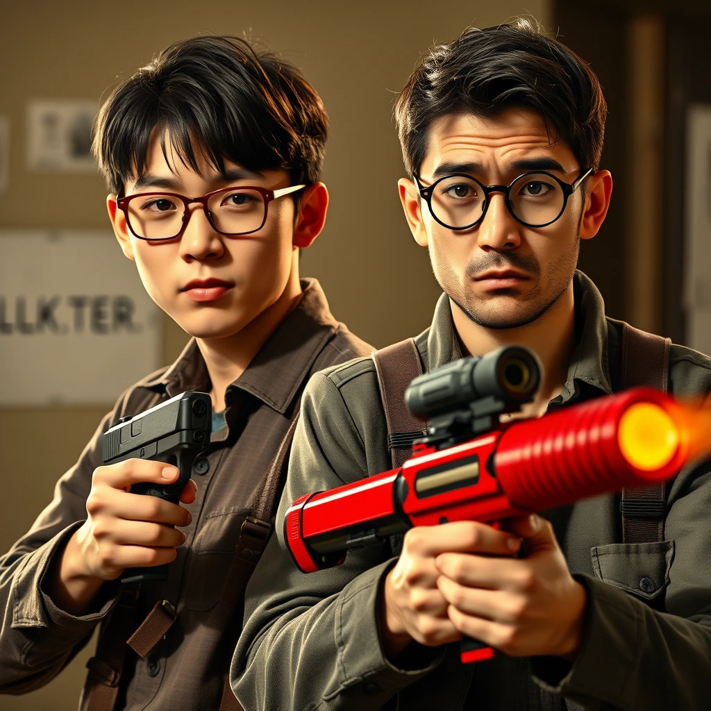 (white Chinese man 21 years old with square glasses, medium-length hair holding a pistol); (20-year-old white Italian man with round prescription glasses and short hair holding a red flamethrower) - Image