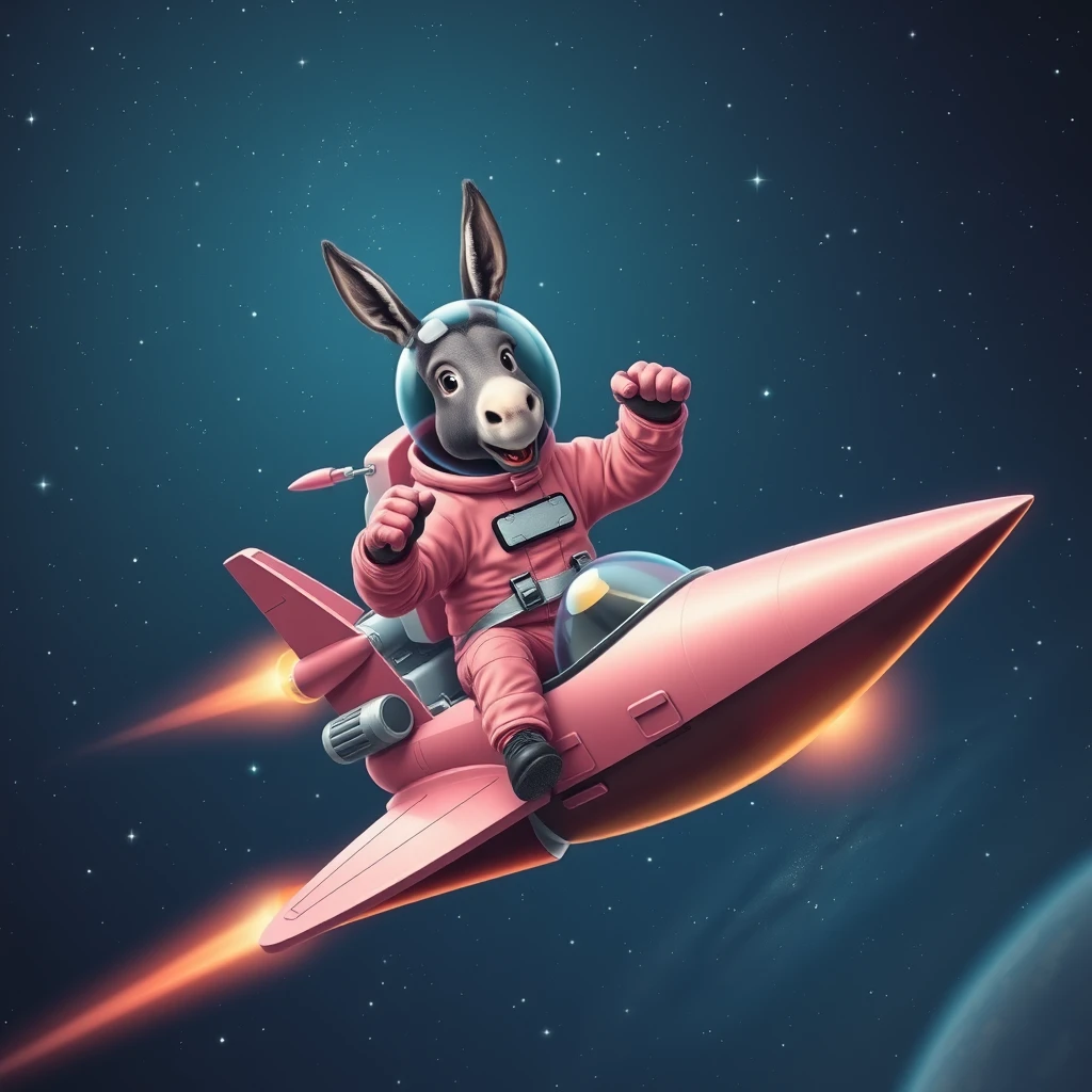 An ambitious donkey wearing pink astronaut costume, riding on a stunning spaceship, making a punching gesture, flying to the outerspace under a clear night sky with lots of shining stars. Realistic style. - Image