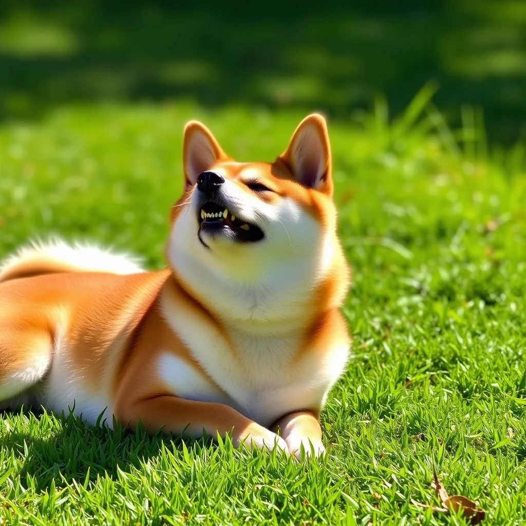 Shiba Inu sunbathing on the lawn